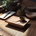 A mockup for brown paper cards with wooden box for natural minimalist product