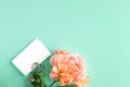 Mockup business cards on a colored background and a rose flower, copyspace, topview