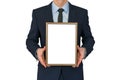 Mockup. Business man holding in hands empty blank photo frame.