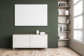 Mockup canvas above commode, green wall and bookshelf near window