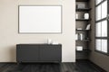 Mockup canvas above commode white wall and bookshelf near window