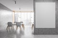 Mockup canvas in a light grey office, white tables and chairs on marble floor