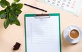 Mockup for check list, empty note paper with pen and coffee cup on pink background. Office, writer or study concept