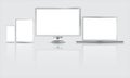 Realistic vector. Device set: monitor laptop, tablet and phone template. mockup gadget and device silver color with Gray screen is Royalty Free Stock Photo