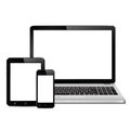 Mockup consisting of laptop, tablet pc and mobile smartphone with blank screen. For adaptive design presentation. Royalty Free Stock Photo