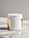 Mockup of cosmetic cream jar on white marble table. Blank cosmetic label