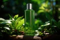 Mockup of a cosmetic scene for branding or advertising presentation, a green bottle of cosmetics in a tube, a plant background