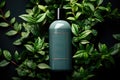 Mockup of a cosmetic scene for branding or advertising presentation, a green bottle of cosmetics in a tube, a plant background