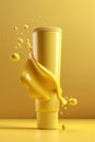 Mockup of cosmetic tube with sunscreen cream splash on yellow background