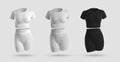 Mockup crop top, cycling shorts, compression suit 3D rendering in white, black, gray heather, isolated on background