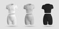 Mockup crop top, cycling shorts, compression suit 3D rendering in white, black, gray heather, isolated on background