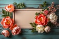 Mockup with delicate peonies on blue wooden table with frame, flat lay. Flower card generated AI Royalty Free Stock Photo
