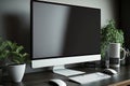 Mockup desktop computer display blank screen on desk. Illustration AI Generative Royalty Free Stock Photo