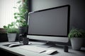 Mockup desktop computer display blank screen on desk. Illustration AI Generative Royalty Free Stock Photo