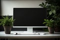 Mockup desktop computer display blank screen on desk. Illustration AI Generative Royalty Free Stock Photo