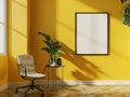 Mockup an empty, blank vertical poster canvas, nestled within a yellow-painted, modernist minimalist home