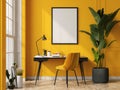 Mockup an empty, blank vertical poster canvas, nestled within a yellow-painted, modernist minimalist home