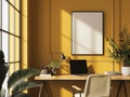 Mockup an empty, blank vertical poster canvas, nestled within a yellow-painted, modernist minimalist home