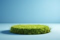 mockup of empty Grass podium, on a blue background. Grass circle, copy space. Royalty Free Stock Photo