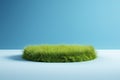 mockup of empty Grass podium, on a blue background. Grass circle, copy space. Royalty Free Stock Photo