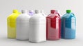 Mockup of empty multi-colored bottles in a row of household chemicals on a plain black background. Royalty Free Stock Photo