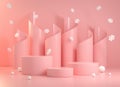 Mockup Empty Pink Pedestal With Snowflake Falling And Paper Roll Spiral Abstract Background 3d Render