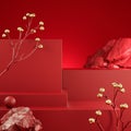 Mockup Empty Red Step Display With Golden Branch And Rock Abstract Background Scene 3d Render Royalty Free Stock Photo