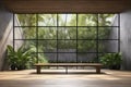 mockup of Empty room with large window to see wooden courtyard and green tropical tree wall background 3 Royalty Free Stock Photo