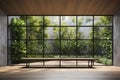 mockup of Empty room with large window to see wooden courtyard and green tropical tree wall background 3 Royalty Free Stock Photo