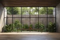 mockup of Empty room with large window to see wooden courtyard and green tropical tree wall background 3 Royalty Free Stock Photo