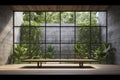 mockup of Empty room with large window to see wooden courtyard and green tropical tree wall background 3 Royalty Free Stock Photo