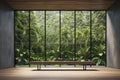 mockup of Empty room with large window to see wooden courtyard and green tropical tree wall background 3 Royalty Free Stock Photo