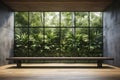 mockup of Empty room with large window to see wooden courtyard and green tropical tree wall background 3 Royalty Free Stock Photo