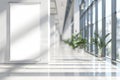 mockup of an empty white roll up banner on the wall inside a modern office building with large windows and plants Royalty Free Stock Photo