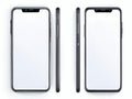 Mockup of empty white smartphones with no text on a white background.