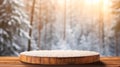 Mockup of empty wooden display, round wood product stand with blurred snow pine trees forest in morning sunlight, peaceful winter Royalty Free Stock Photo