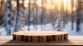 Mockup of empty wooden display, round wood product stand with blurred snow pine trees forest in morning sunlight, peaceful winter