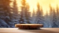 Mockup of empty wooden display, round wood product stand with blurred snow pine trees forest in morning sunlight, peaceful winter Royalty Free Stock Photo