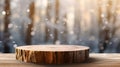 Mockup of empty wooden display, round wood product stand with blurred snow pine trees forest in morning sunlight, peaceful winter Royalty Free Stock Photo