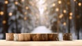 Mockup of empty wooden display, round wood product stand with blurred snow pine trees forest in morning sunlight, peaceful winter Royalty Free Stock Photo