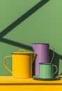 Mockup enamelware on yellow, purple and green background. Ad posters. Minimalistic color enamel objects.