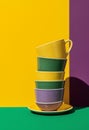 Mockup enamelware on yellow, purple and green background. Ad posters. Minimalistic color enamel objects.