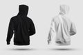 Mockup fashion blank apparel 3D rendering, white, black hoodie with hood, isolated on background, back view