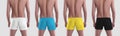 Mockup fashionable white; black, Ukrainian colors trunks, summer panties on guy, isolated on background in studio, back view