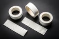Three white Blank painter tape stickers isolated on black background. Template mockup Royalty Free Stock Photo