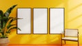 three vertical frames mockup, concept of proposal and design phase of a product, isolated bright yellow background