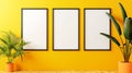 three vertical frames mockup, concept of proposal and design phase of a product, isolated bright yellow background