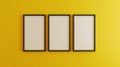 three vertical frames mockup, concept of proposal and design phase of a product, isolated bright yellow background