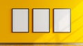 three vertical frames mockup, concept of proposal and design phase of a product, isolated bright yellow background