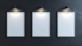 three vertical frames mockup, concept of proposal and design phase of a product, isolated dark background.